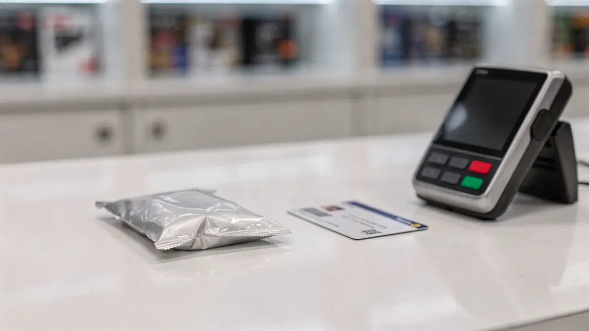 Altersprüfung im Fachhandel mit Ausweis am Ladentresen und Prüfgerät für Ab-18-Produkte