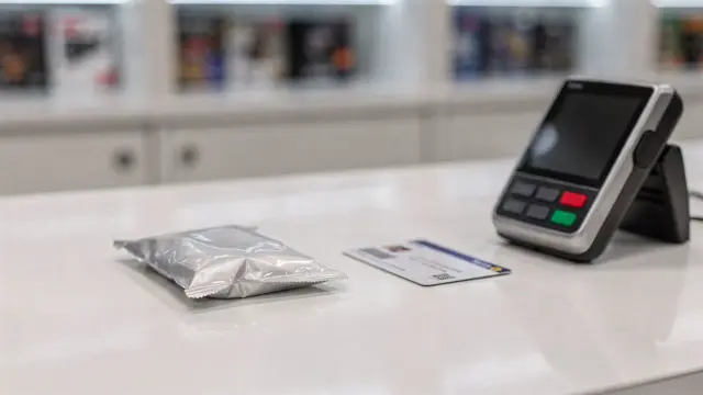 Altersprüfung im Fachhandel mit Ausweis am Ladentresen und Prüfgerät für Ab-18-Produkte
